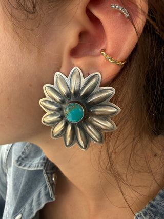 Native American RJ Turquoise Sterling Silver Flower Statement Earrings - Barbwire n Bougie Boutique