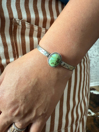 Native American Sonoran Gold Turquoise Cuff – Handcrafted Sterling Silver Bracelet - Barbwire n Bougie Boutique