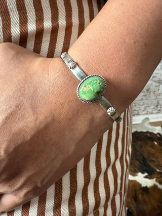 Native American Sonoran Gold Turquoise Cuff – Handcrafted Sterling Silver Bracelet - Barbwire n Bougie Boutique
