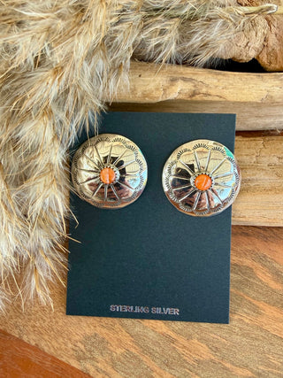 Native American Turquoise Sterling Silver Concho Stud Earrings- Orange Spiny - Barbwire n Bougie Boutique
