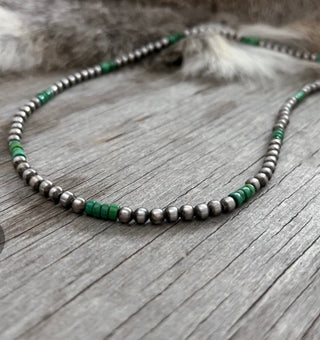 Navajo Pearl Handmade Necklace ~ Petite n Pretty ~ 4mm German Silver Beads and Green Turquoise Heishi! - Barbwire n Bougie Boutique