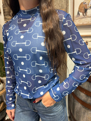 Navy Snaffle Bit Mesh Top | Western Long Sleeve - Barbwire n Bougie Boutique