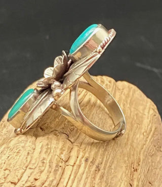 Nepal Turquoise Floral Statement Ring – German Silver Adjustable - Barbwire n Bougie Boutique