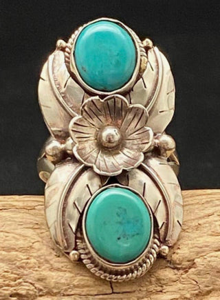 Nepal Turquoise Floral Statement Ring – German Silver Adjustable - Barbwire n Bougie Boutique