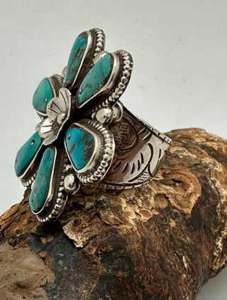 Nepal Turquoise Flower Statement Ring – Tibetan Silver Adjustable - Barbwire n Bougie Boutique