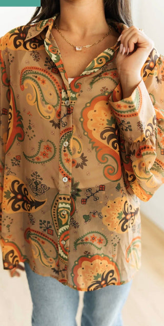 Neutral Brown Paisley Western Sheer Button-Up Blouse – - Barbwire n Bougie Boutique