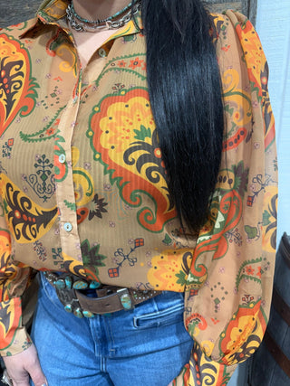 Neutral Brown Paisley Western Sheer Button-Up Blouse – - Barbwire n Bougie Boutique