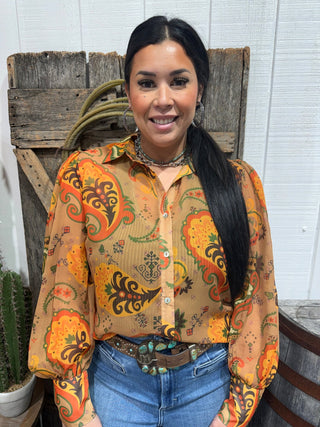 Neutral Brown Paisley Western Sheer Button-Up Blouse – - Barbwire n Bougie Boutique