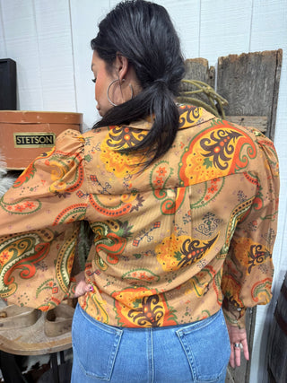 Neutral Brown Paisley Western Sheer Button-Up Blouse – - Barbwire n Bougie Boutique