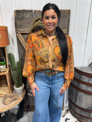 Neutral Brown Paisley Western Sheer Button-Up Blouse – - Barbwire n Bougie Boutique