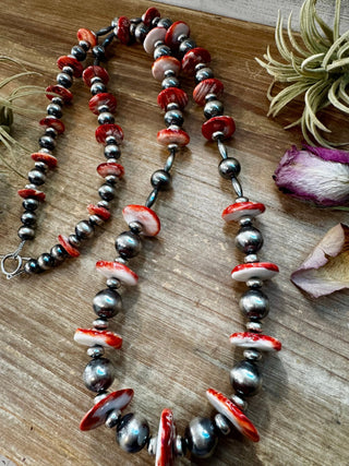 NFR Collection Necklace – Graduated Spiny Oyster & Sterling Silver Pearls 45" - Barbwire n Bougie Boutique