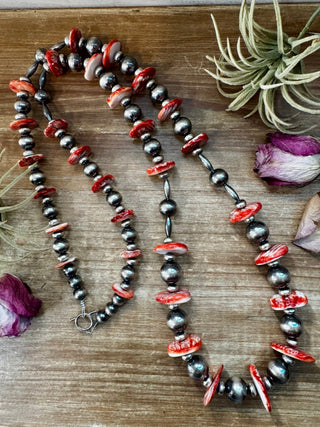 NFR Collection Necklace – Graduated Spiny Oyster & Sterling Silver Pearls 45" - Barbwire n Bougie Boutique