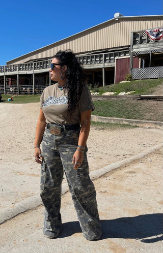 Nori Hidden Camo Cargo Wide Leg Jeans | Camo Cargo Pants for Women | Boutique Cowgirl Statement Denim - Barbwire n Bougie Boutique
