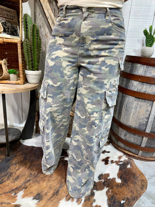 Nori Hidden Camo Cargo Wide Leg Jeans | Camo Cargo Pants for Women | Boutique Cowgirl Statement Denim - Barbwire n Bougie Boutique