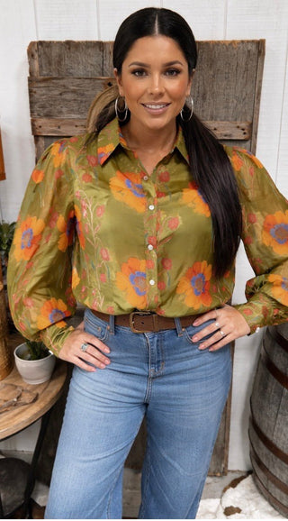 Olive Floral Western Button Down Blouse | Puff Sleeve Cowgirl Top - Barbwire n Bougie Boutique