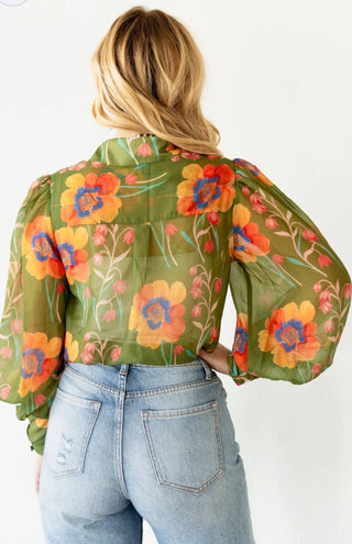 Olive Floral Western Button Down Blouse | Puff Sleeve Cowgirl Top - Barbwire n Bougie Boutique