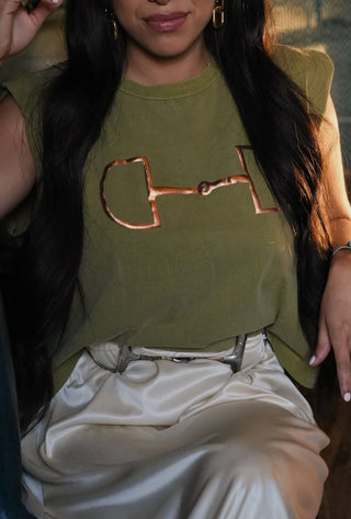 Olive Green Snaffle Bit Muscle Tee With Foil Print - Barbwire n Bougie Boutique