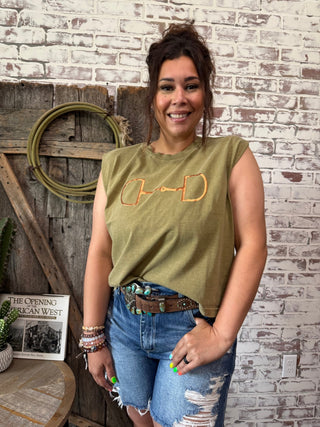 Olive Green Snaffle Bit Muscle Tee With Foil Print - Barbwire n Bougie Boutique