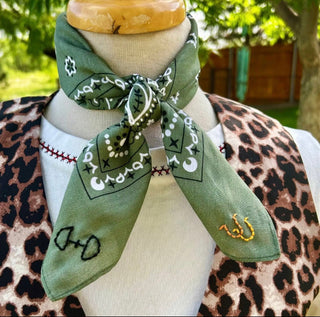 Olive Lucky Horseshoe Embroidered Western Wild Rag - Barbwire n Bougie Boutique