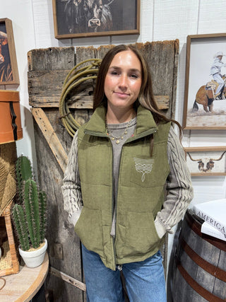Olive You Western Embroidered Boot Stitch Puffer Vest – Olive Green - Barbwire n Bougie Boutique