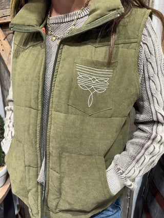 Olive You Western Embroidered Boot Stitch Puffer Vest – Olive Green - Barbwire n Bougie Boutique