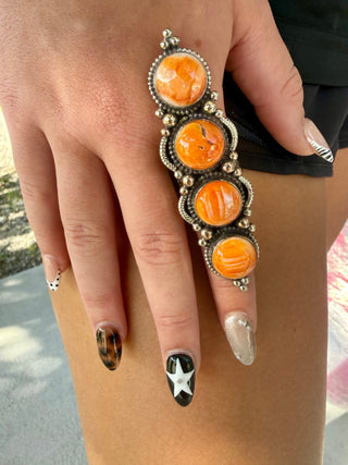 Orange Spiny Oyster Long German Silver Statement Ring-adjustable - Barbwire n Bougie Boutique