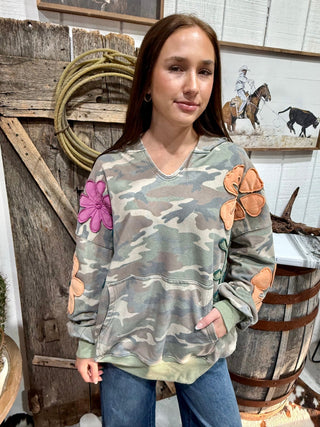 Over Sized Wildflower Camo Appliqué Hoodie - Barbwire n Bougie Boutique