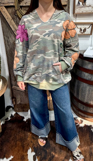 Over Sized Wildflower Camo Appliqué Hoodie - Barbwire n Bougie Boutique