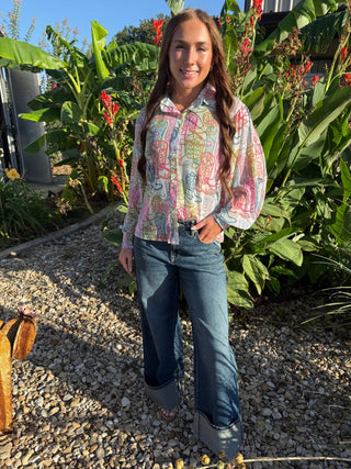 Pastel Cowboy Boots Button-Up Mesh Blouse - Barbwire n Bougie Boutique