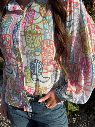 Pastel Cowboy Boots Button-Up Mesh Blouse - Barbwire n Bougie Boutique
