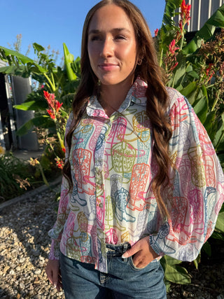 Pastel Cowboy Boots Button-Up Mesh Blouse - Barbwire n Bougie Boutique
