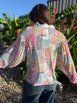 Pastel Cowboy Boots Button-Up Mesh Blouse - Barbwire n Bougie Boutique