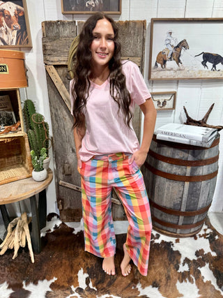 Pastel Rainbow Plaid Wide Leg Pants | Colorful High Rise Cropped Pants - Barbwire n Bougie Boutique