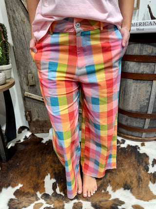 Pastel Rainbow Plaid Wide Leg Pants | Colorful High Rise Cropped Pants - Barbwire n Bougie Boutique
