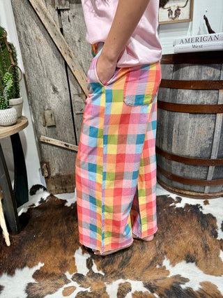 Pastel Rainbow Plaid Wide Leg Pants | Colorful High Rise Cropped Pants - Barbwire n Bougie Boutique