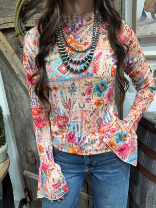 Patchwork Prairie Floral Mesh Bell Sleeve Top - Barbwire n Bougie Boutique