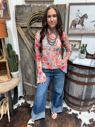 Patchwork Prairie Floral Mesh Bell Sleeve Top - Barbwire n Bougie Boutique