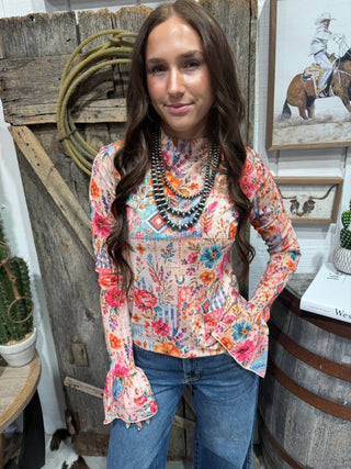Patchwork Prairie Floral Mesh Bell Sleeve Top - Barbwire n Bougie Boutique