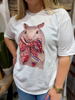 Patriotic Armadillo Graphic Tee with Bandana Bow – Cute Cowgirl Shirt – Southern Western Boutique T-Shirt - Barbwire n Bougie Boutique