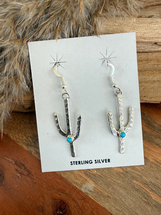 Pauline Nelson Turquoise Sterling Silver Saguaro Cactus Earrings – Native American Made - Barbwire n Bougie Boutique