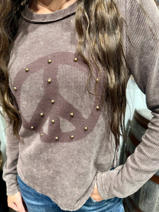 Peace Out Vintage Studded Thermal Top- Brown - Barbwire n Bougie Boutique
