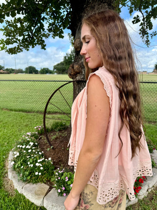 Peach Eyelet Oversized Summer Top | Boho Lace Trim Sleeveless Blouse - Barbwire n Bougie Boutique
