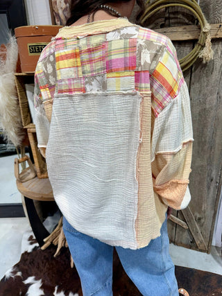 Peach Patchwork Gauze Mineral Washed Oversized Top | Western Boho Cotton Blouse By Easel - Barbwire n Bougie Boutique
