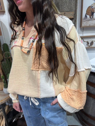 Peach Patchwork Gauze Mineral Washed Oversized Top | Western Boho Cotton Blouse By Easel - Barbwire n Bougie Boutique