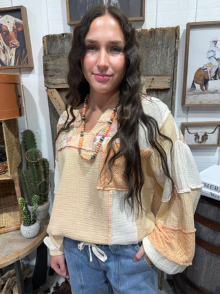 Peach Patchwork Gauze Mineral Washed Oversized Top | Western Boho Cotton Blouse By Easel - Barbwire n Bougie Boutique