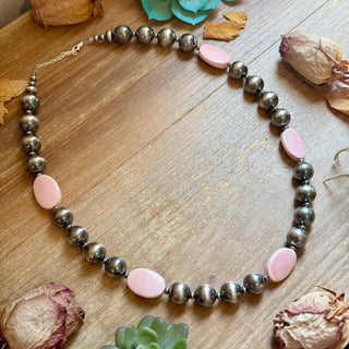 Pink Conch Oval & Sterling Silver Pearl Necklace - Barbwire n Bougie Boutique