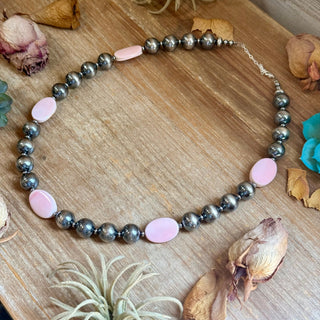 Pink Conch Oval & Sterling Silver Pearl Necklace - Barbwire n Bougie Boutique