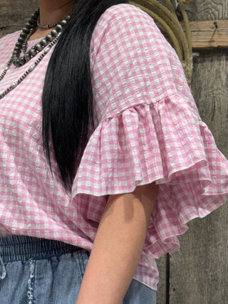 Pink Gingham Ruffle Sleeve Top | Medium Crop Lightweight Flowy Summer Blouse - Barbwire n Bougie Boutique