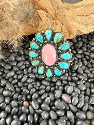Pink Opal & Kingman Turquoise Statement Adjustable Ring – German Silver - Barbwire n Bougie Boutique