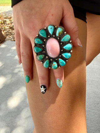Pink Opal & Kingman Turquoise Statement Adjustable Ring – German Silver - Barbwire n Bougie Boutique